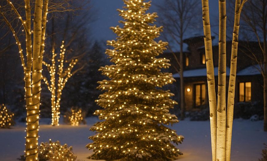 Snow-covered Denver property at dusk with trees professionally illuminated by various outdoor holiday lighting techniques, featuring trunk wraps, canopy lights, and uplighting for a festive winter display.