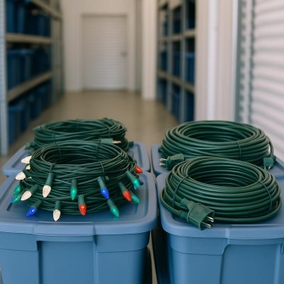 Organized Christmas lights carefully stored in plastic bins inside a climate-controlled facility, highlighting professional holiday light care and storage.