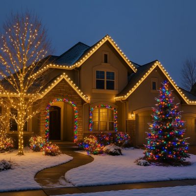 A snowy Denver home at dusk decorated with professionally installed holiday lights along the roof, trees, and walkways.