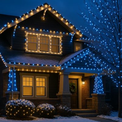 Exterior of a Denver home with professional holiday LED lights outlining the roof and windows, decorated for the festive season with snow and a classic wreath.