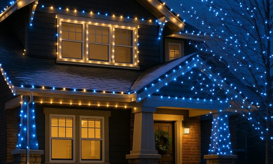 Exterior of a Denver home with professional holiday LED lights outlining the roof and windows, decorated for the festive season with snow and a classic wreath.