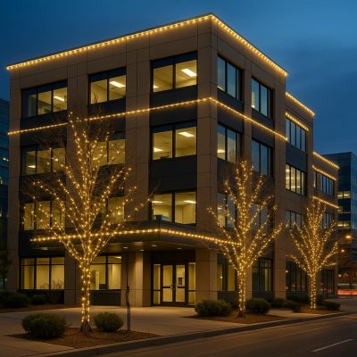A commercial building in Denver decorated with professional holiday lights, captured at dusk without people, emphasizing the exterior lighting setup.