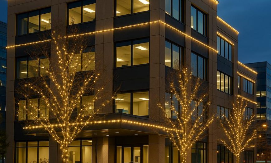 A commercial building in Denver decorated with professional holiday lights, captured at dusk without people, emphasizing the exterior lighting setup.
