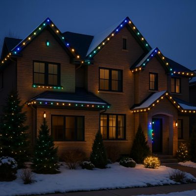 A professionally decorated Denver home at dusk featuring elegant holiday lights in trendy 2025 colors, including deep green, navy, copper, and warm white, creating a festive atmosphere without showing any people.