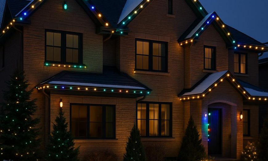 A professionally decorated Denver home at dusk featuring elegant holiday lights in trendy 2025 colors, including deep green, navy, copper, and warm white, creating a festive atmosphere without showing any people.