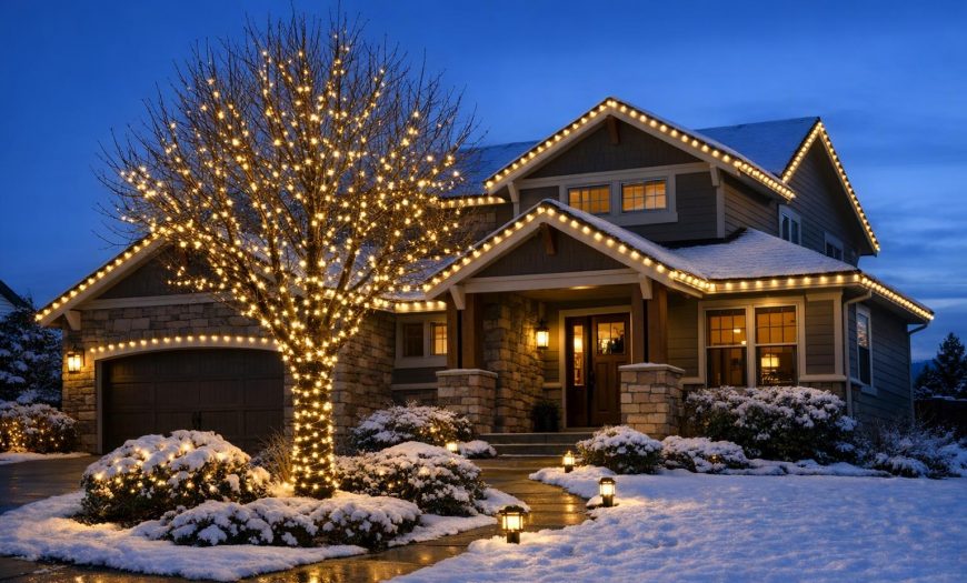 Stock photo of a Denver home at dusk with budget-friendly LED holiday lights outlining the roof and entry, a wrapped front tree, and light snow, representing affordable and practical festive curb appeal.