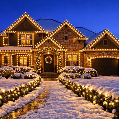 Stock photo of a Denver home at dusk with holiday lights beautifully displayed, snow on the ground, and a deep blue sky, showcasing vibrant and crisp lighting without people visible.