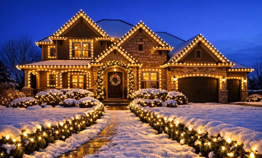 Stock photo of a Denver home at dusk with holiday lights beautifully displayed, snow on the ground, and a deep blue sky, showcasing vibrant and crisp lighting without people visible.