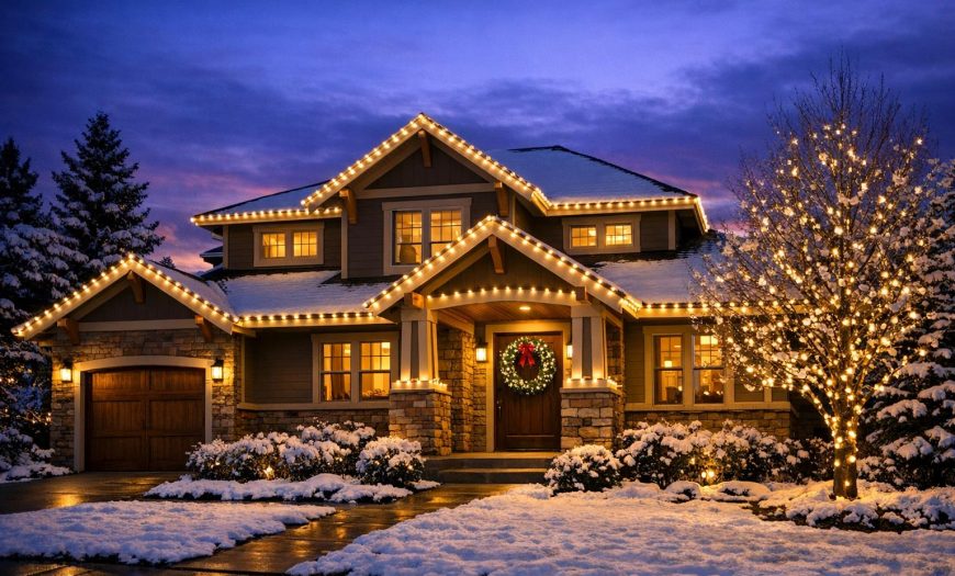 Stock photo of a Denver home with elegant holiday roofline lighting and snow-dusted trees at dusk, highlighting professional seasonal decor without people.