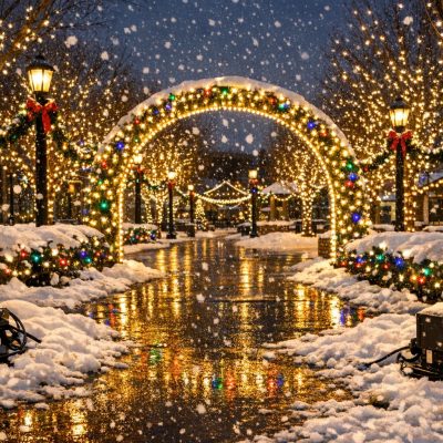 Stock photo of a winter public space in Denver with holiday lighting on pathways and trees, snow on the ground, and illuminated entry arches, taken after dusk.