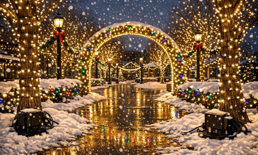 Stock photo of a winter public space in Denver with holiday lighting on pathways and trees, snow on the ground, and illuminated entry arches, taken after dusk.