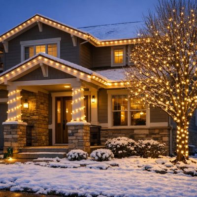 Stock photo of a Denver home at dusk with freshly installed holiday lights on the roofline and tree, snow on the ground, showcasing a professional and safe installation without people present.