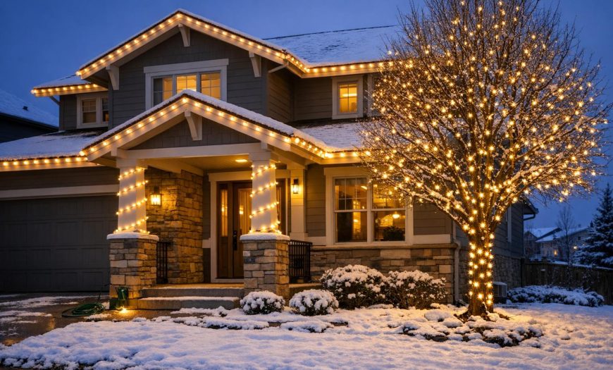 Stock photo of a Denver home at dusk with freshly installed holiday lights on the roofline and tree, snow on the ground, showcasing a professional and safe installation without people present.