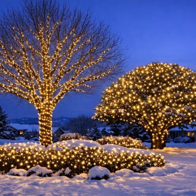 Winter evening photo of large Denver trees and shrubs beautifully lit with holiday lights using trunk wrap, canopy wrap, and shrub lighting techniques; snow and a quiet residential backdrop enhance the festive display.