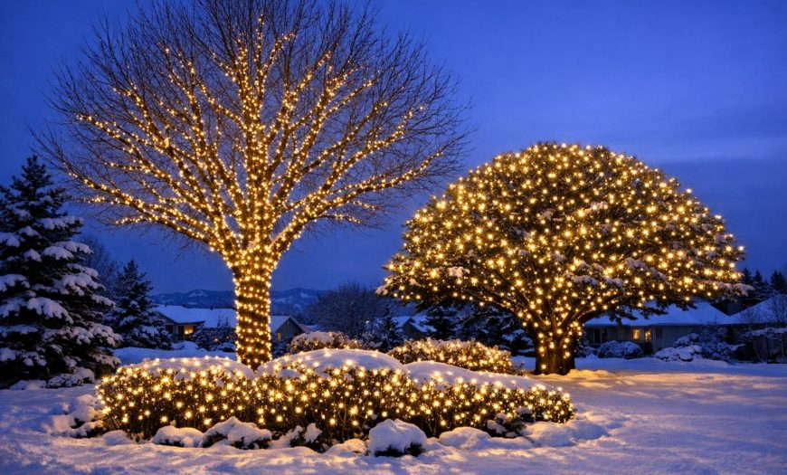 Winter evening photo of large Denver trees and shrubs beautifully lit with holiday lights using trunk wrap, canopy wrap, and shrub lighting techniques; snow and a quiet residential backdrop enhance the festive display.