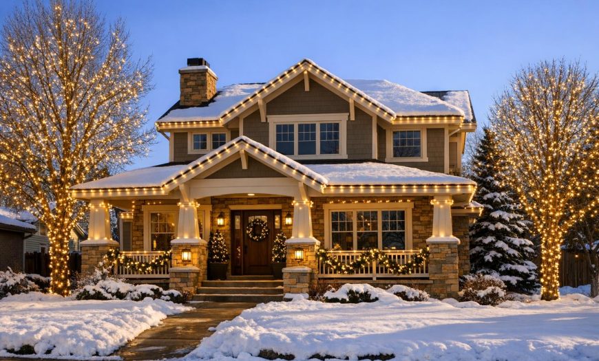 Exterior of a Denver home in winter with clean, symmetrical roofline and tree holiday lighting, warm white LEDs, and snow-covered yard, photographed as a professional stock image.