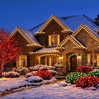 Stock photo of a Denver home with coordinated holiday lights in warm white, red, and green accents, set against a snowy winter landscape.