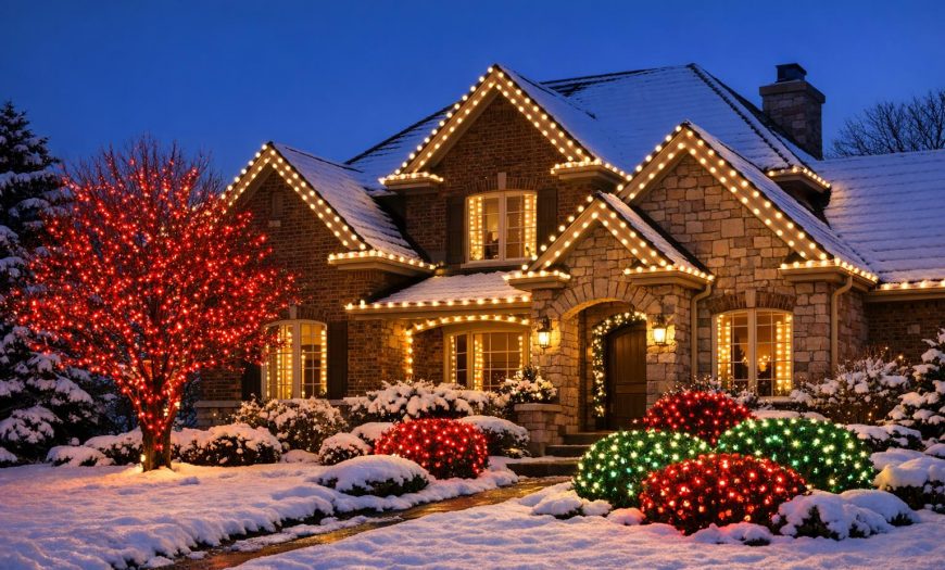 Stock photo of a Denver home with coordinated holiday lights in warm white, red, and green accents, set against a snowy winter landscape.