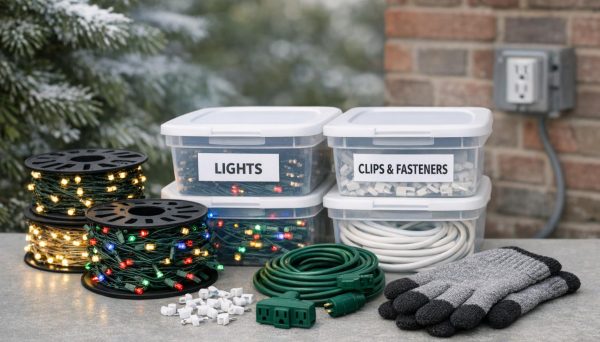 Organized holiday lighting supplies, storage bins, and clips arranged for a seasonal display review and maintenance, with outdoor winter elements in the background.