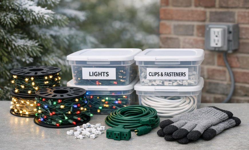 Organized holiday lighting supplies, storage bins, and clips arranged for a seasonal display review and maintenance, with outdoor winter elements in the background.