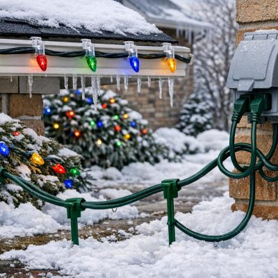 Stock photo of a Denver home with outdoor holiday lights, safe extension cords, light clips, and electrical safety features in a snowy winter setting.