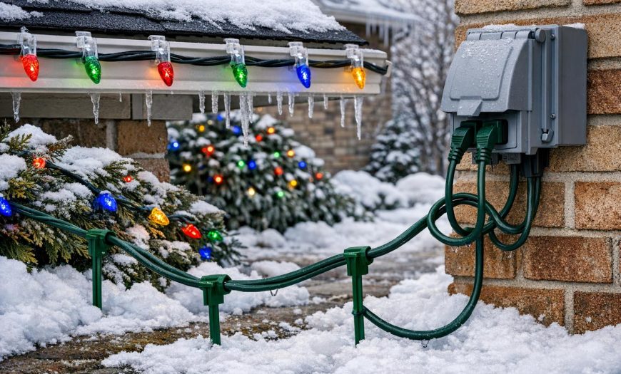 Stock photo of a Denver home with outdoor holiday lights, safe extension cords, light clips, and electrical safety features in a snowy winter setting.