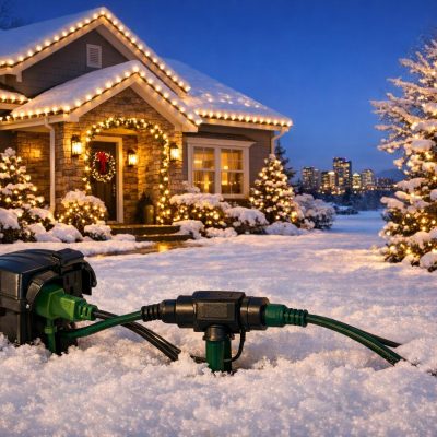 Stock photo of a Denver home with automated LED holiday lights on the roofline and trees, snow on the ground, and weatherproof outdoor extension cords, taken at dusk with no people in view.