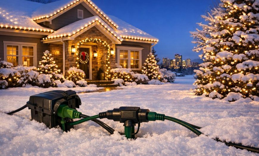 Stock photo of a Denver home with automated LED holiday lights on the roofline and trees, snow on the ground, and weatherproof outdoor extension cords, taken at dusk with no people in view.