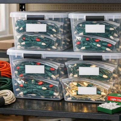 Organized and labeled Christmas lights, extension cords, and light clips neatly stored in clear bins on a garage shelf, demonstrating proper holiday light takedown and storage practices.