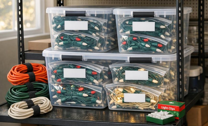 Organized and labeled Christmas lights, extension cords, and light clips neatly stored in clear bins on a garage shelf, demonstrating proper holiday light takedown and storage practices.