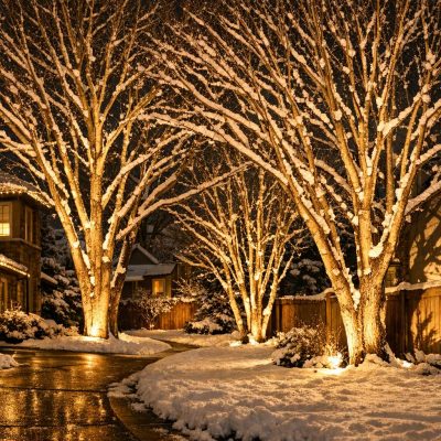 A professionally lit winter night scene showing snow-dusted Denver trees illuminated with warm-white up lighting for holiday decor, with visible trunk structure and glowing branches.