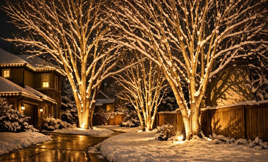 A professionally lit winter night scene showing snow-dusted Denver trees illuminated with warm-white up lighting for holiday decor, with visible trunk structure and glowing branches.