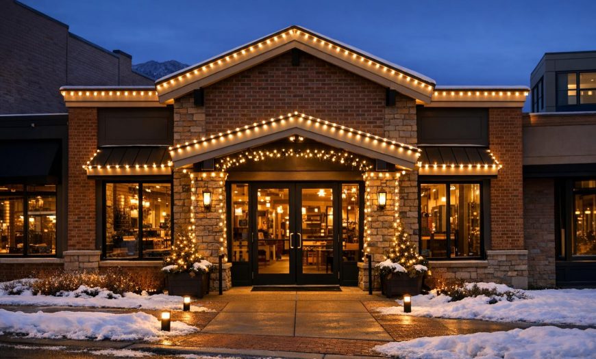 Denver storefront at dusk with warm holiday lights outlining the building and entrance, creating a welcoming and safe pathway in winter.