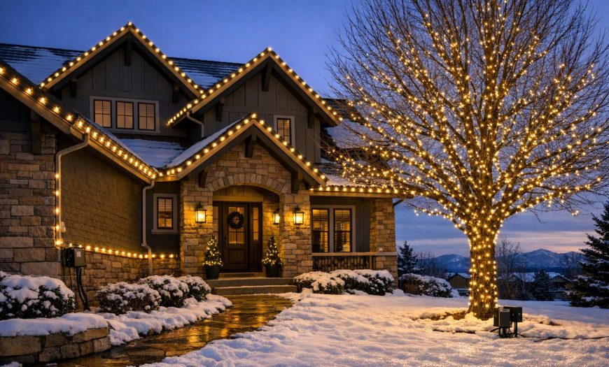 Exterior of a Denver home at dusk with professionally installed holiday lights highlighting rooflines, entryway, and a snowy yard, representing seasonal readiness.